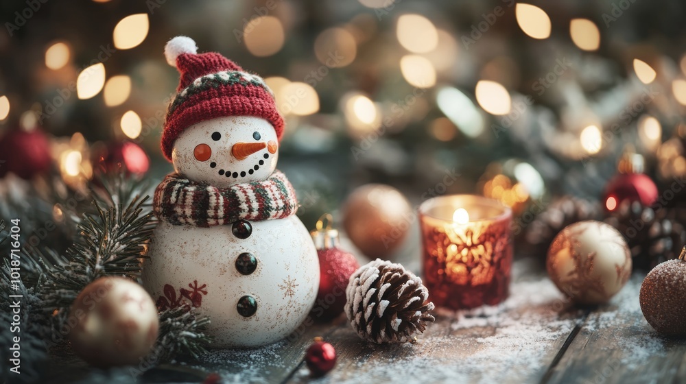 Adorable snowman with bright red hat and scarf beside glowing candle and colorful Christmas ornaments on a cozy rustic table Adorable snowman with bright red hat and scarf beside glowing candle and colorful Christmas ornaments on a cozy rustic table
