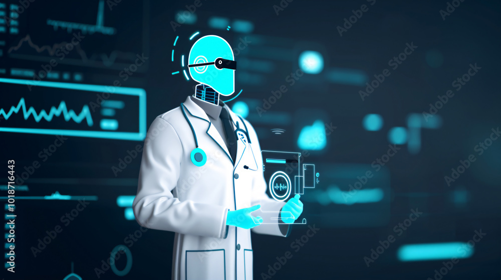 A futuristic AI-driven doctor, designed with digital holograms and data, represents the future of healthcare powered by artificial intelligence and advanced technology. A futuristic AI-driven doctor, designed with digital holograms and data, represents the future of healthcare powered by artificial intelligence and advanced technology.