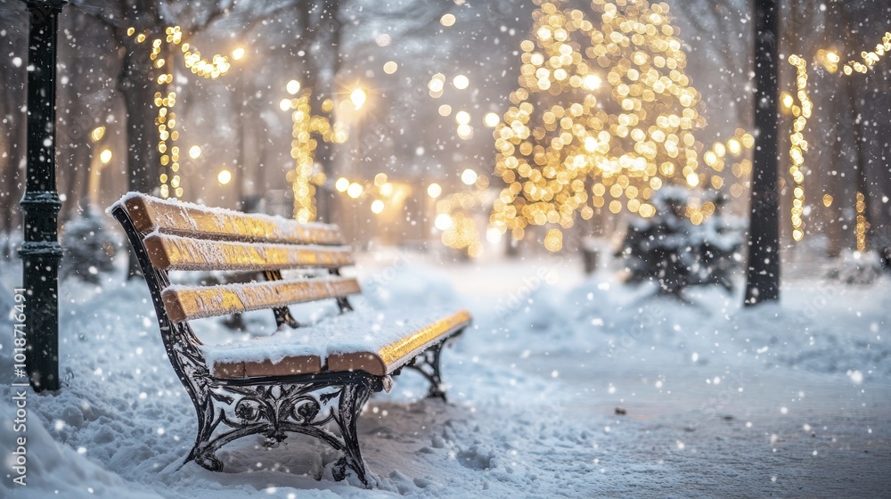 Snowy park bench in winter wonderland with blurred lights in the background creating a magical atmosphere Snowy park bench in winter wonderland with blurred lights in the background creating a magical atmosphere