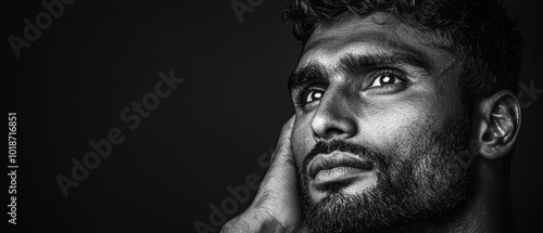  A monochrome image of a man placing a hand before his forehead, conveying gravity