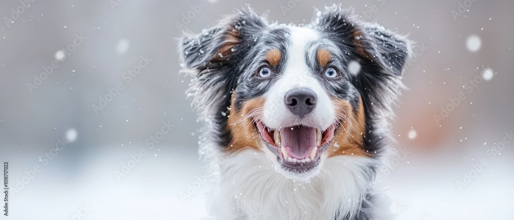 A tight shot of a dog with its mouth agape and tongue out in the snow A tight shot of a dog with its mouth agape and tongue out in the snow