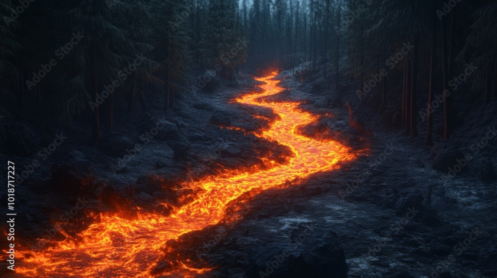 A River of Molten Lava Flowing Through a Dark Forest A River of Molten Lava Flowing Through a Dark Forest