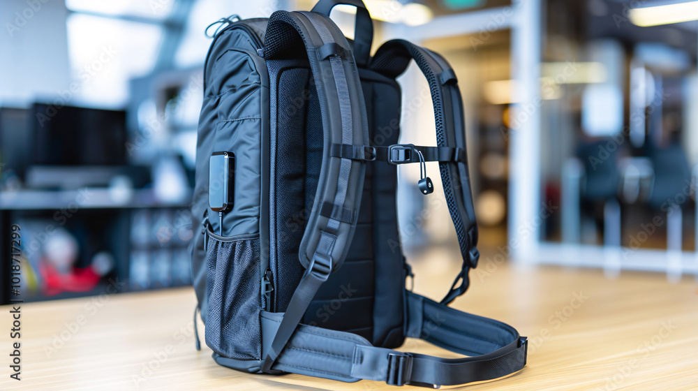 Fototapeta premium Black tactical backpack designed for durability and functionality, featuring multiple compartments and straps, suitable for travel or outdoor activities.