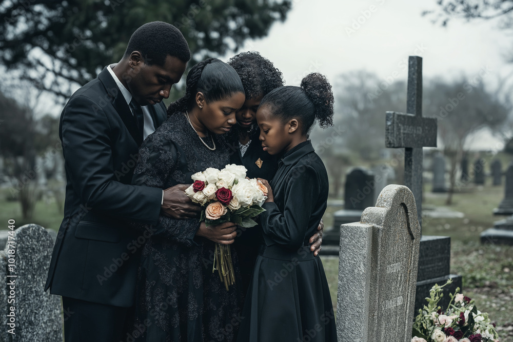 © Bonsales - Family African American dressed in black gathers at cemetery embracing and holding flowers while mourning loss at gravesite, showing deep grief and solidarity