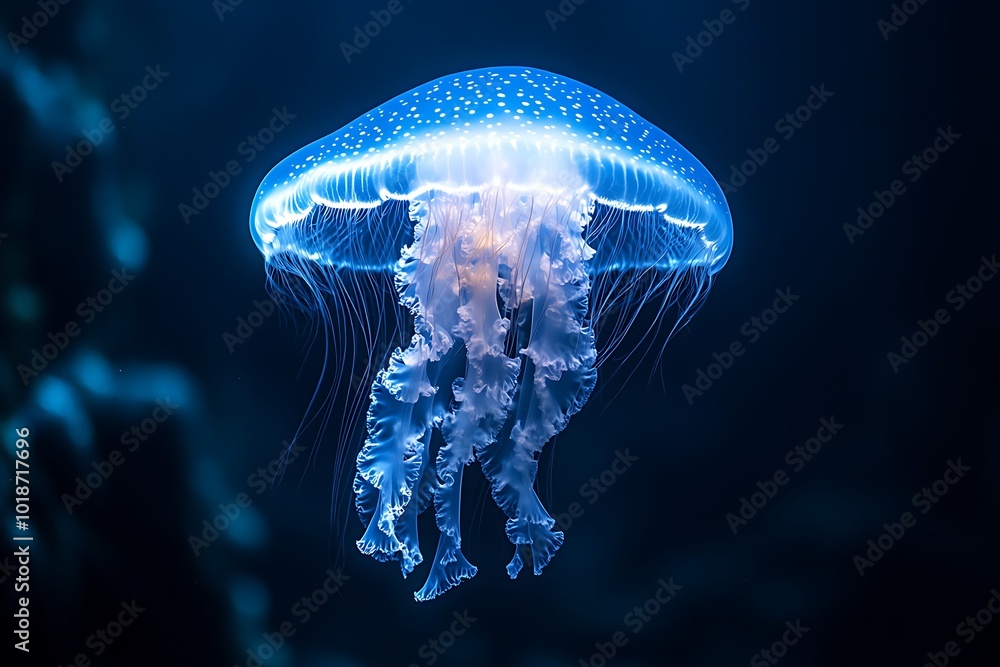 Fototapeta premium A luminous jellyfish with white spots gracefully swimming in dark blue water