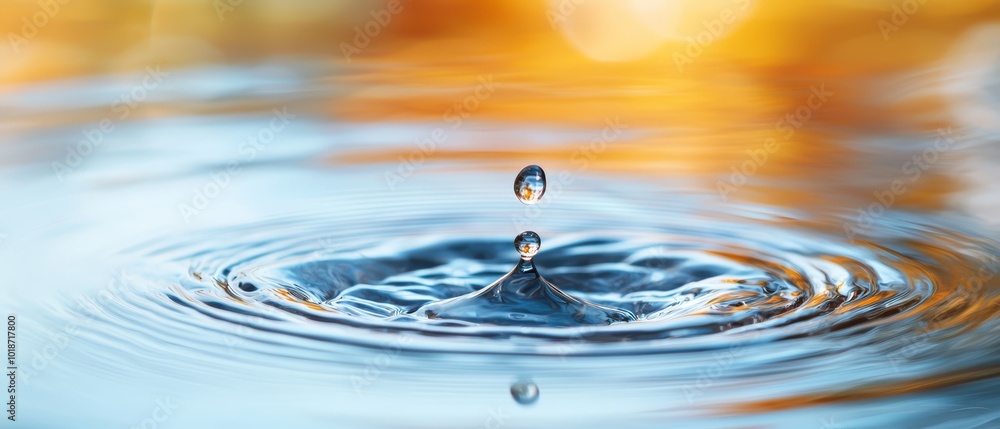 A tight shot of a water droplet on the water surface, sun's rays reflected brilliantly behind A tight shot of a water droplet on the water surface, sun's rays reflected brilliantly behind