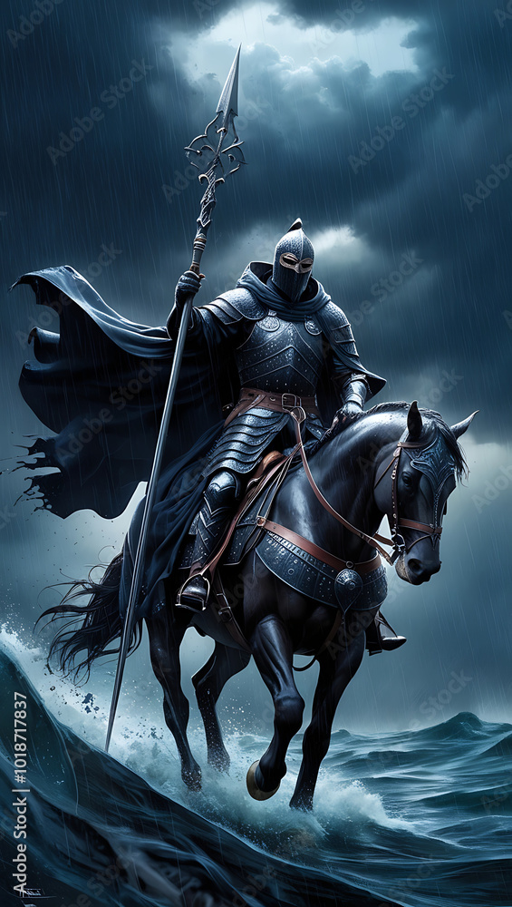 A knight in full armor on a horse, holding a spear, amidst a stormy sea backdrop. A knight in full armor on a horse, holding a spear, amidst a stormy sea backdrop.