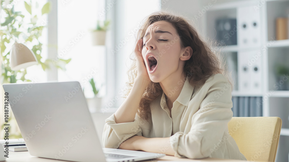 Tired businesswoman yawning at desk with open laptop in bright office depicting workplace fatigue and stress concept Tired businesswoman yawning at desk with open laptop in bright office depicting workplace fatigue and stress concept