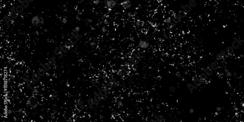 Falling realistic natural snowflakes on black background, The texture of white snow during a snowfall with various randomized snowflakes, white particles on black.