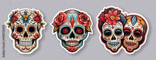 set of sugar skull, day of death, mexican style on isolated background. sticker pack. illustration