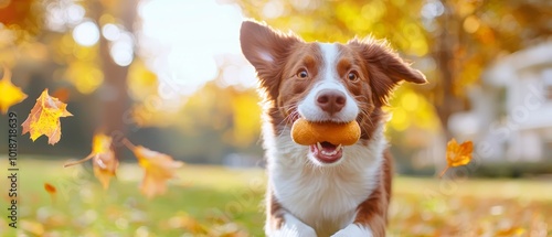  A brown-and-white dog holds a ball in its mouth, standing in a leaf-filled field