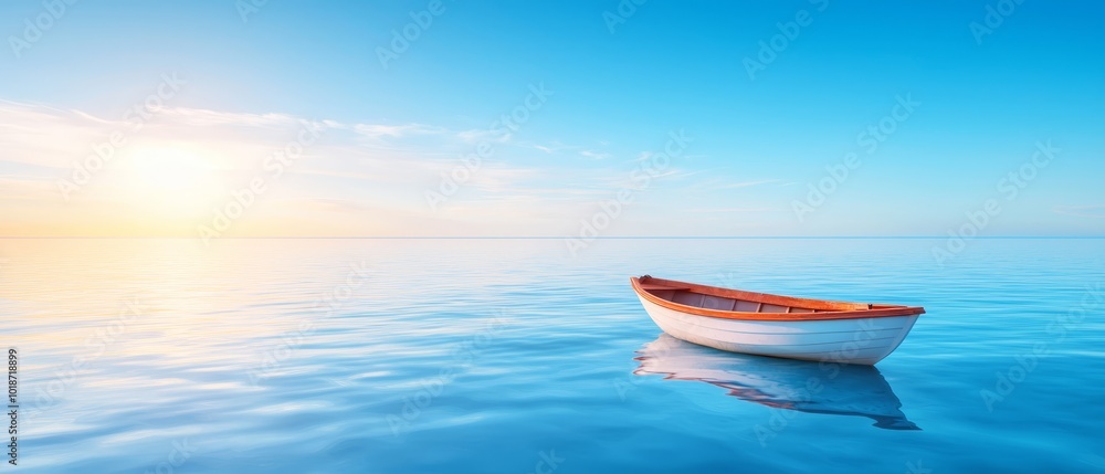 A small boat floats on a tranquil body of water as the sun sets, casting an orange and red hue over the surface A small boat floats on a tranquil body of water as the sun sets, casting an orange and red hue over the surface
