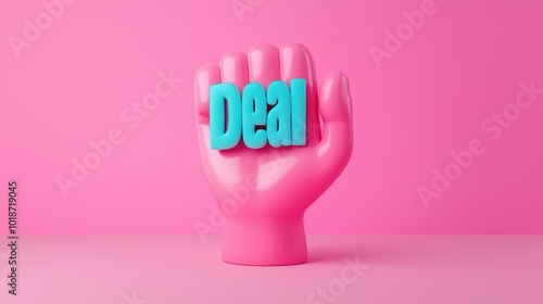 A vibrant pink hand with the word 'Deal' in blue, set against a bright pink background, symbolizing agreement and negotiation.