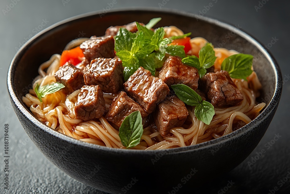 A bowl of delicious beef noodles with fresh herbs A bowl of delicious beef noodles with fresh herbs