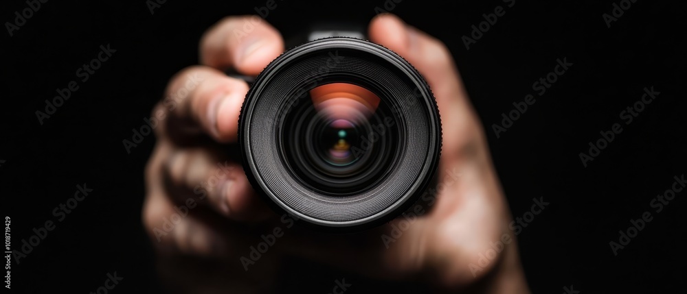 A tight shot of a person carefully holding a camera lens in front of a black backdrop, with the lens taking center stage