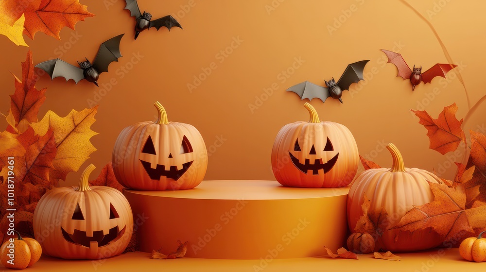 Halloween podium background pumpkin product platform scene display. Background orange autumn podium 3D render scary party spooky fall, happy halloween mockup abstract studio pedestal. Generative AI Halloween podium background pumpkin product platform scene display. Background orange autumn podium 3D render scary party spooky fall, happy halloween mockup abstract studio pedestal. Generative AI