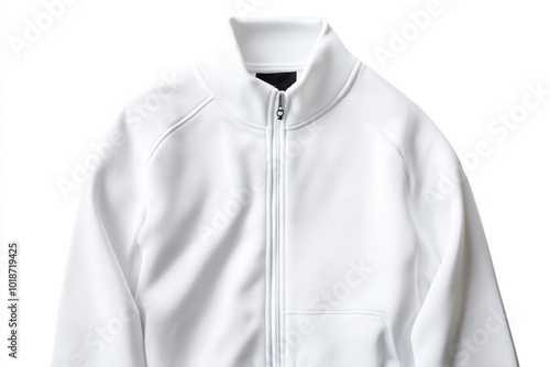 Close-up shot of a white jacket on a white background, ideal for fashion or beauty illustrations