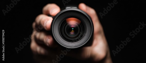 Obraz na płótnie A tight shot of a person carefully holding a camera lens in front of a black backdrop, with the lens taking center stage w salonie