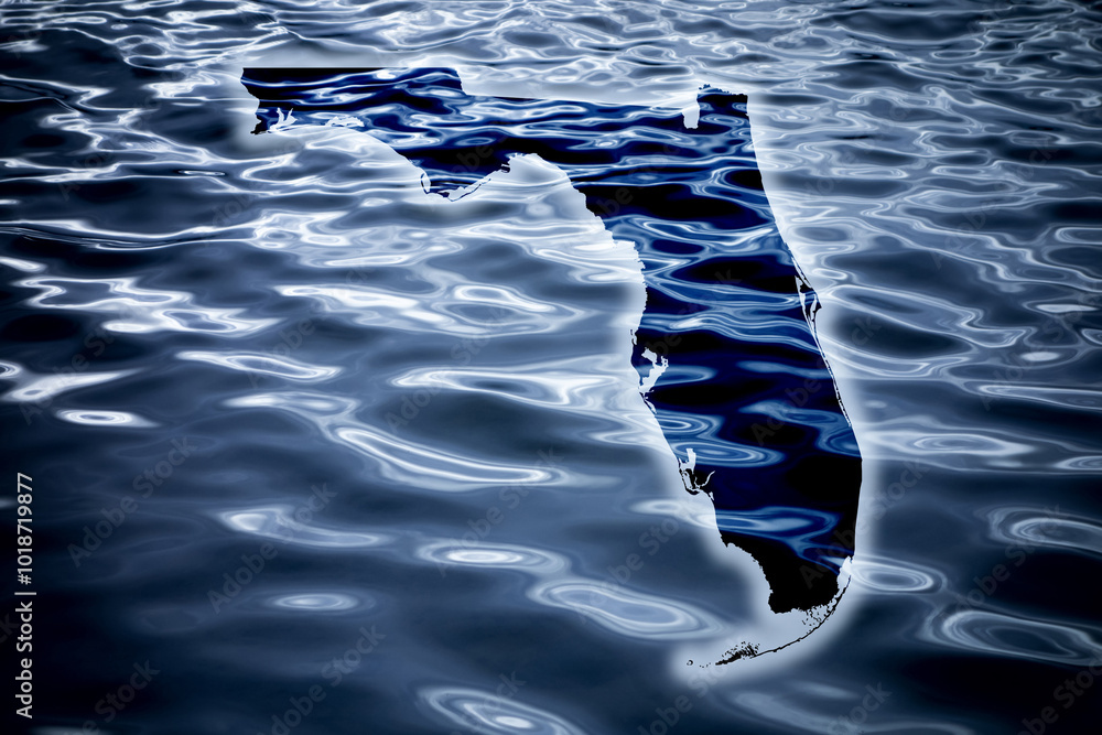 Muddy water surface with map of Florida state in USA as symbol of floods and heavy rain