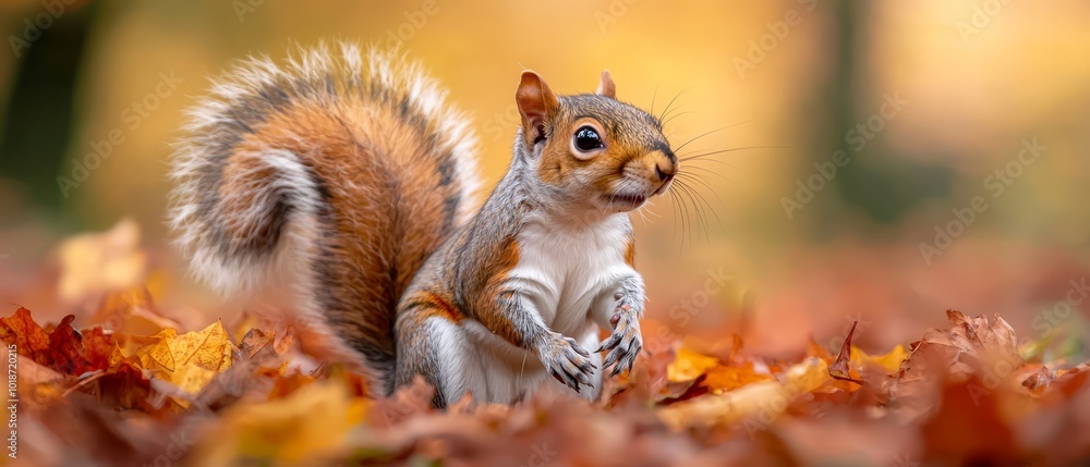 Fototapeta premium A squirrel stands on hind legs, front paws on ground before a leaf pile