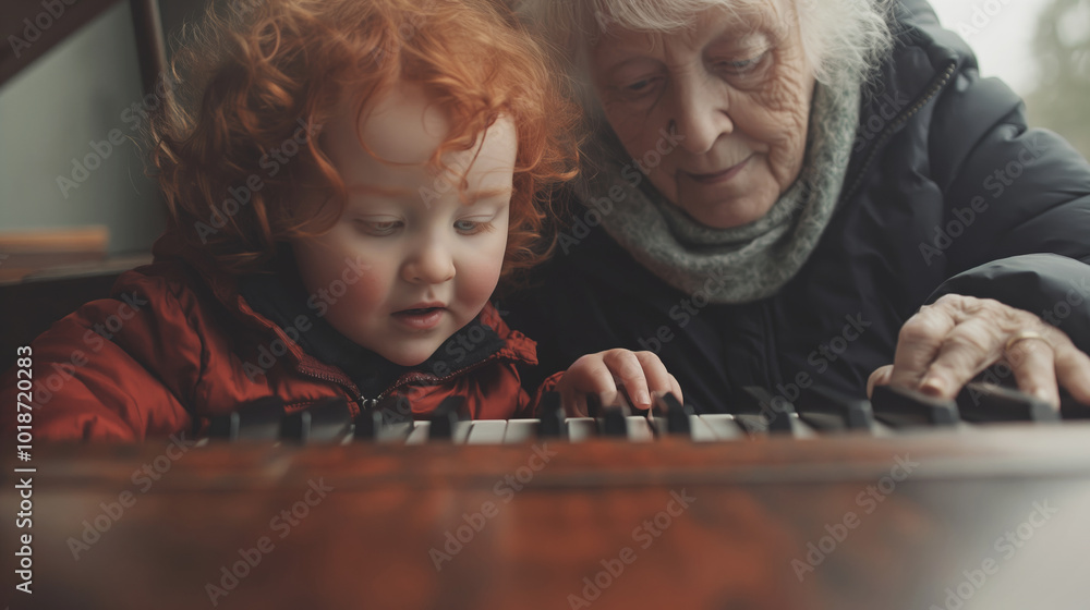 Elderly woman and young child with red hair sit together, focused on playing piano keys, sharing a quiet, intimate moment of learning and connection Elderly woman and young child with red hair sit together, focused on playing piano keys, sharing a quiet, intimate moment of learning and connection