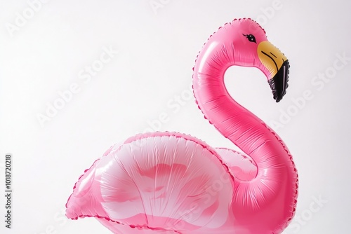 A colorful pink flamingo shaped balloon floating in mid-air