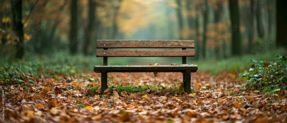 A wooden bench sits in a forest's heart, surrounded by a leaf-covered ground and trees shedding yellow and orange leaves A wooden bench sits in a forest's heart, surrounded by a leaf-covered ground and trees shedding yellow and orange leaves
