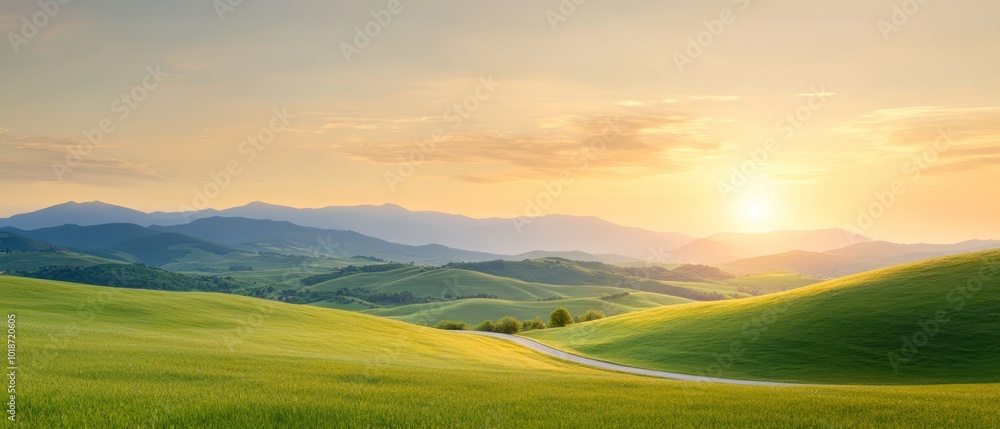 A lush, green hillside with a winding road in the foreground and the sun rising over distant mountains A lush, green hillside with a winding road in the foreground and the sun rising over distant mountains