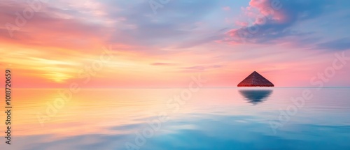  A triangular object, submerged in a body of water, faces a sunset in the background Clouds scatter the sky above