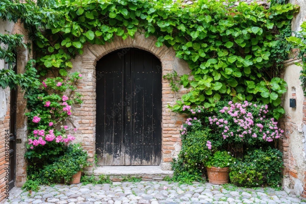 Charming rustic door surrounded by vibrant flowers and lush greenery in a picturesque setting. Charming rustic door surrounded by vibrant flowers and lush greenery in a picturesque setting.