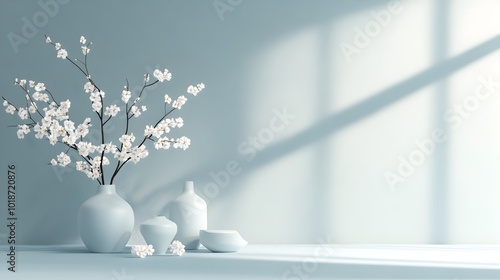 Serene 3D studio room with a clean minimalist gray background and podium display  Subtle window lighting casts a soft shadow overlay photo