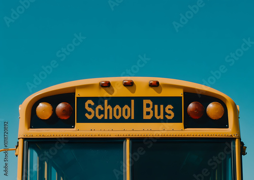 Close-Up of Front Window and Top Sign on a Yellow School Bus | Iconic Symbol of Student Transportation