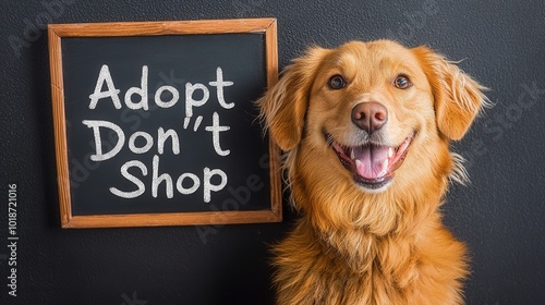 Golden retriever smiling with sign 'Adopt Don't Shop' against black background. photo