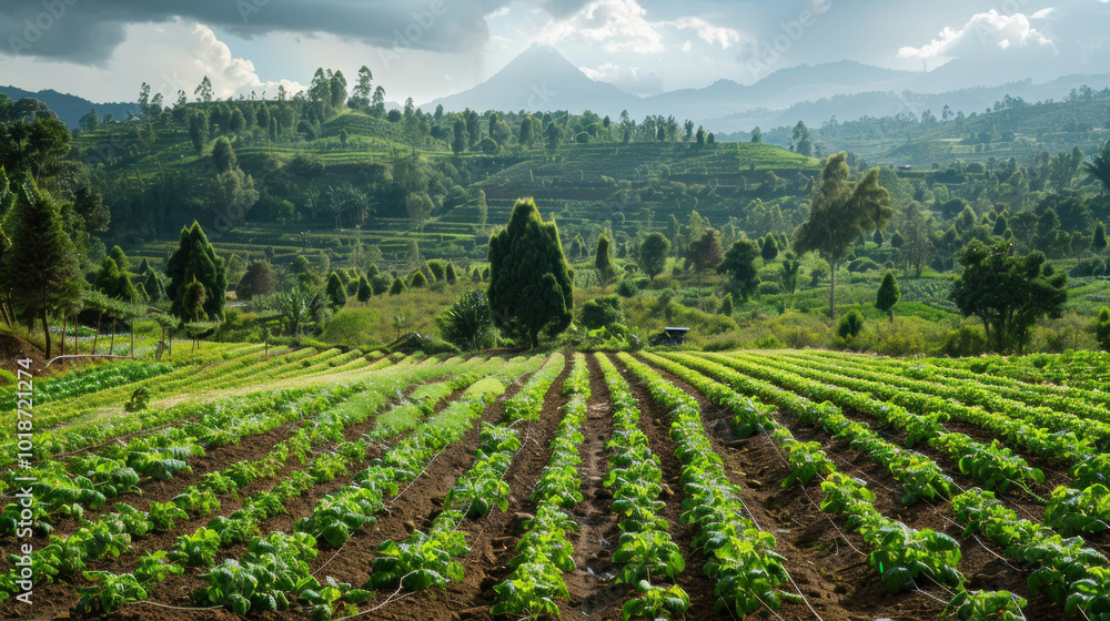 An agroforestry landscape with rows of crops, trees, and wildlife living in harmony, using nature's systems to promote sustainability An agroforestry landscape with rows of crops, trees, and wildlife living in harmony, using nature's systems to promote sustainability