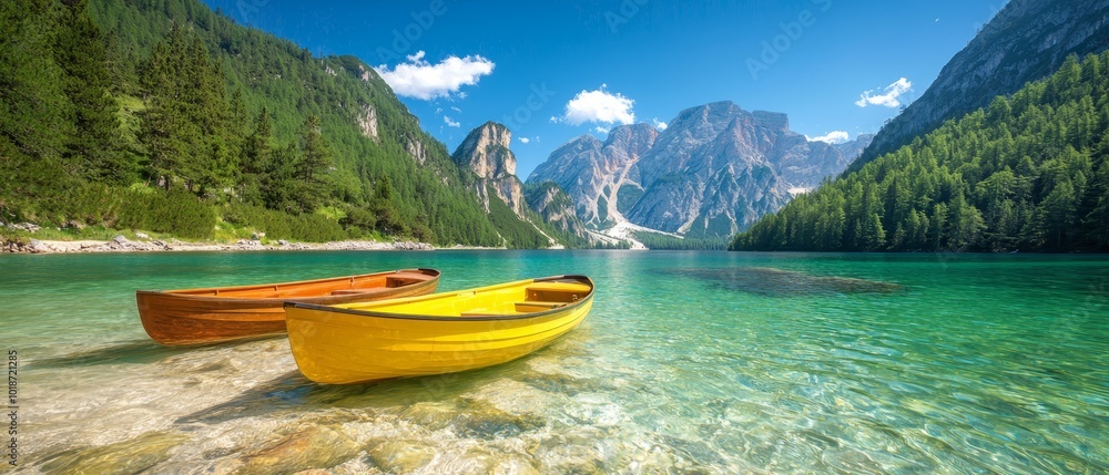 A couple of yellow boats float on a lake next to a lush green forest and a hillside covered in greenery A couple of yellow boats float on a lake next to a lush green forest and a hillside covered in greenery