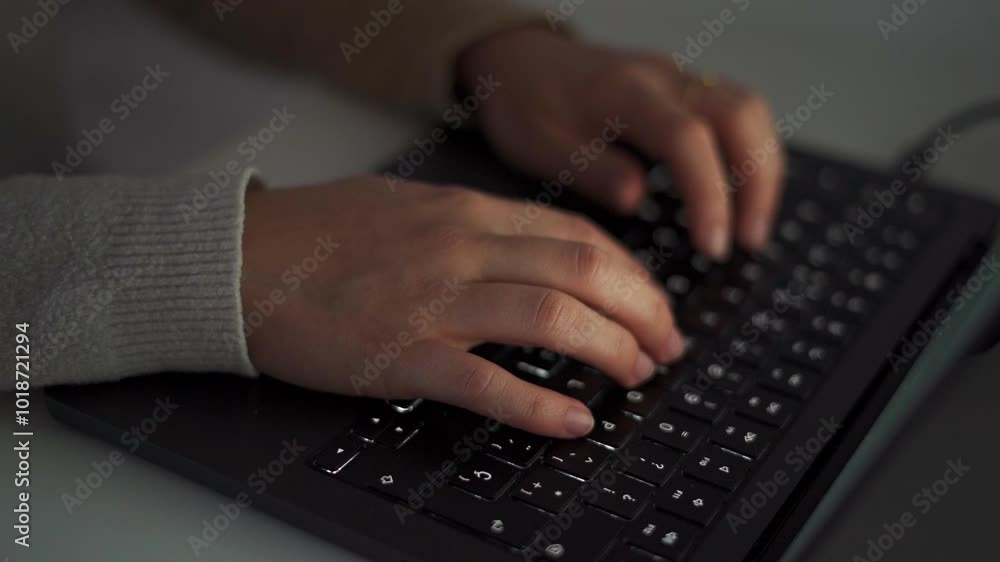 close-up view of hands typing on a laptop keyboard in a dimly lit setting. close-up view of hands typing on a laptop keyboard in a dimly lit setting.