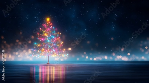 Enchanting Multicolored Christmas Tree with Cascading Lights and Serene Minimalist Backdrop photo