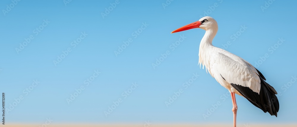 Fototapeta premium A white-black bird with a lengthy red beak perches on a rock against a clear blue sky