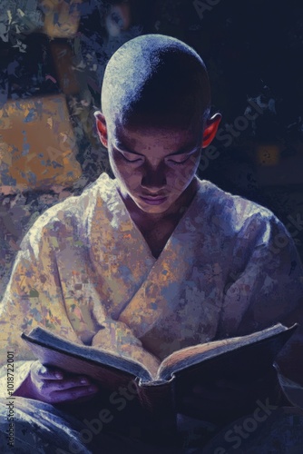 A person dressed in robes sitting down and reading a book