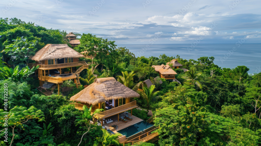 An eco-friendly resort in a lush tropical setting, powered by renewable energy and focused on sustainable tourism practices