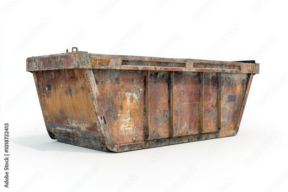A worn-out wooden dumpster sitting on a plain white background A worn-out wooden dumpster sitting on a plain white background
