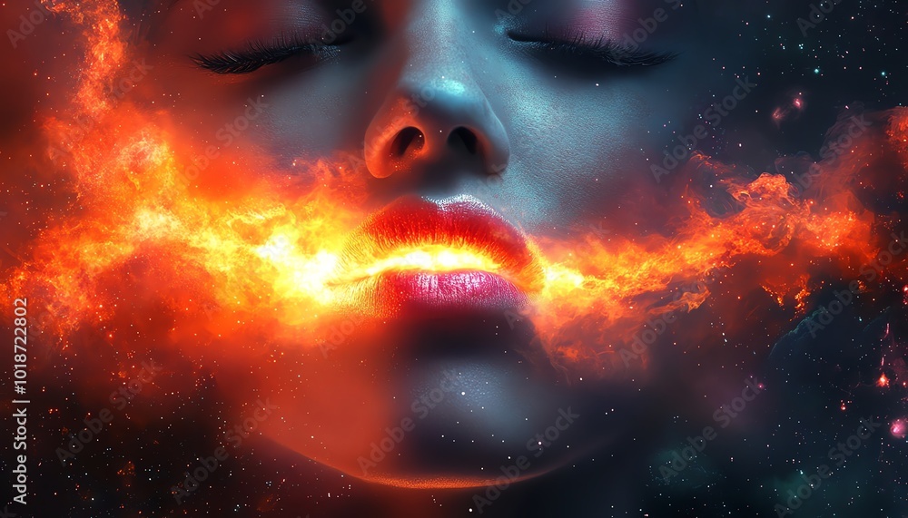 Fototapeta premium A mesmerizing fusion of beauty and cosmic energy, depicting a face surrounded by vibrant colors and celestial elements.