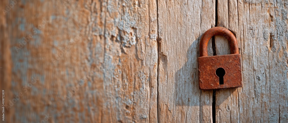 A worn, rusted padlock secures each side of the weathered wooden door A worn, rusted padlock secures each side of the weathered wooden door