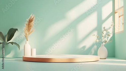 Minimalist 3D studio room design with muted sage green background empty floor and wall product podium centerpiece warm shadow overlay from window across countertop mockup with natural sunlight photo