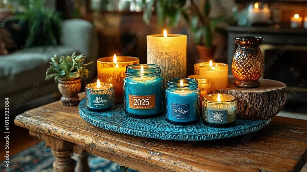 A cozy indoor setting featuring a variety of colorful candles lit on a rustic wooden table A cozy indoor setting featuring a variety of colorful candles lit on a rustic wooden table