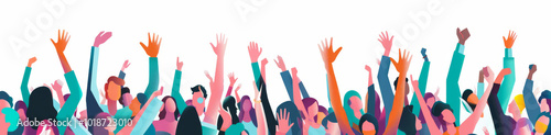 Crowd of people cheering and waving their hands in the air, vector illustration with a flat design style on a white background. People celebrating together, isolated cartoon characters.