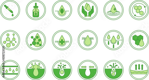 Green Labels for Cosmetic Products Packaging. Skin Care. Vector Icons Acid, Serum, Retinol, Moisturizing, Pure Water, Cell Regeneration, Nourishing Cream, Cleansing Gel, Acne Care, and More