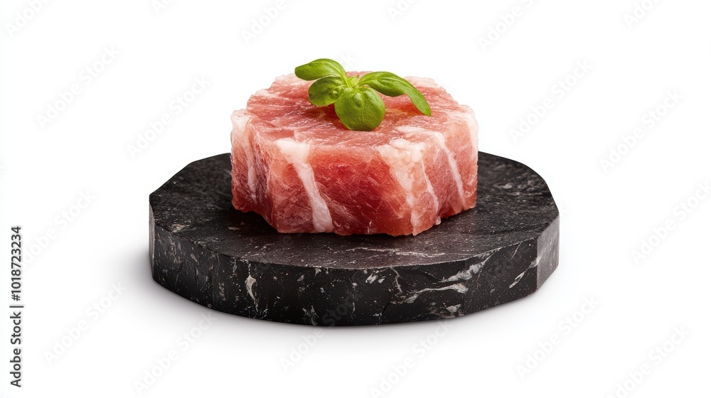 Fresh meat cut on a marble plate, garnished with herbs, isolated on a white background. Fresh meat cut on a marble plate, garnished with herbs, isolated on a white background.