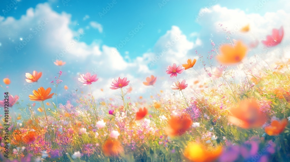 Obraz premium Vibrant Wildflowers in a Sunlit Meadow with a Blue Sky