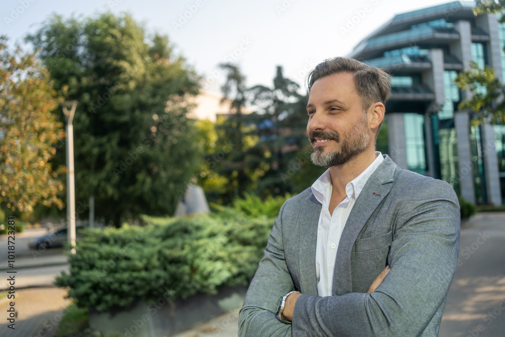 Satisfied Mature Businessman. Portrait of Adult smiling attractive man 40s with beard in white shirt businessman against glass wall building exterior Satisfied Mature Businessman. Portrait of Adult smiling attractive man 40s with beard in white shirt businessman against glass wall building exterior